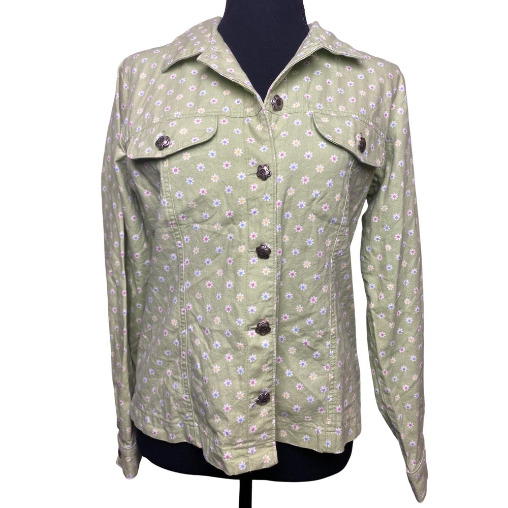 Gotcha Covered Y2K Sage Green Daisy Floral Denim Jacket Flower Buttons Women's S